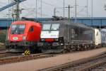 Die 185 553-5 neben 1116 134-4 in Hamburg Waltershof, am ...