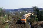Am 3.5.1986 fuhr die 218 143 (Bw Hagen 1) mit der CB6426 (Meinerzhagen - Kln) in den Bahnhof Marienheide ein.