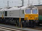 Class 77/69764/eine-vom-zwei-werksneuen-euro-cargo Eine vom zwei werksneuen Euro Cargo Rail Class 77 bilden den Kopf eines in der Ausfahrgruppe Nord bereitgestellten Gterzuges , Gremberg 15.05.2010.