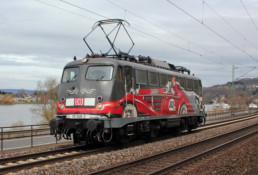 115 509-2  80 Jahre DB Autozug  Lz auf dem Weg nach FF bei Dattenberg am 14.04.2013