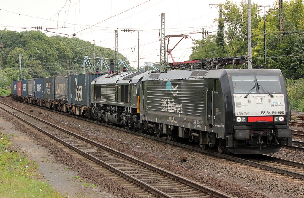 ES 64 F4-990 mit Class 66 und Containerzug am Haken in Kln West am 16.07.2011
