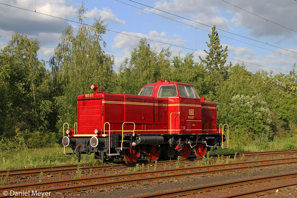 Die Lokomotiven der Baureihe V 65 der Deutschen Bundesbahn (ab 1968: Baureihe 265) waren als vierachsige Stangendiesellokomotive fr den leichten Strecken- und mittelschweren Verschiebedienst gedacht. Die insgesamt 15 Lokomotiven wurden ab 1955 von MaK aus Kiel an die Deutsche Bundesbahn geliefert.

Die Maschinen der Baureihe V 65 wurden kurz nach der Indienststellung der ersten V 60 an die DB ausgeliefert. Zu den Besonderheiten zhlen der MaK-Motor mit einer Drehzahl von nur 750/min und die Beugniot-Hebel zwischen den einzelnen Achsen, die die Kurvengngigkeit verbessern. Fr die Zugheizung verfgt die Lok ber einen Heizkessel, der von den Motorabgasen erwrmt wird. Die Maschinenanlage muss mit einem Dofa-Koksofen vorgewrmt werden. Zu diesem Zweck knnen 100 kg Koks mitgefhrt werden.

Zwar war die Anzahl der Loks der Baureihe V 65 mit nur 15 Maschinen relativ gering, handelte es sich dabei lediglich um eine leichte Modifikation der von der Firma MaK angebotenen 600 D fr Privatbahnen. Diese gehrte zu den so genanntenMaK-Stangenlokomotiven, die in groer Zahl bei Privatbahnen im Einsatz waren. Ihr Leistungsspektrum reichte von 240 PS bis 1200 PS.

Die 15 Lokomotiven wurden zunchst im Raum Marburg (Lahn) vor leichten Reisezgen eingesetzt, im Jahre 1964 wurden sie dort jedoch von der leistungsfhigeren V 100 abgelst. Danach verrichteten fnf Exemplare bis 1980 den Rangierdienst im Fhrbahnhof Puttgarden auf Fehmarn, stationiert im Bw Puttgarden. Die brigen zehn Loks waren in Hamburg-Altona (unter anderem auf der dortigen Hafenbahn) eingesetzt.

Bis auf zwei Lokomotiven wurden alle Loks nach der Ausmusterung verschrottet. Die V 65 001 ist nach zwischenzeitlichem Einsatz bei der Meppen-Haselnner Eisenbahn bei den Osnabrcker Eisenbahnfreunden erhalten geblieben und wird von ihnen als Museumstriebfahrzeug eingesetzt. Eine weitere V 65, die V 65 011, stand lange Zeit nicht betriebsfhig als Leihgabe des DB-Museums im Eisenbahnmuseum Bochum-Dahlhausen der DGEG. Inzwischen wurde die Lok zum DB-Museum nach Koblenz-Ltzel berfhrt. Hier wurde die Maschine in den letzten Monaten usserlich aufgearbeitet und erstrahlt nun in frischem Glanz. Das Foto entstand am 04.06.2013 unmittelbar nach dem „Roll-Out“.

Quelle: Wikipedia
