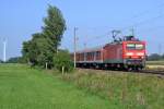 Am 26.8.11 zieht 143 295-4 die RB Neumnster-Hamburg Altona durch die Geestlandschaft bei Quarnstedt